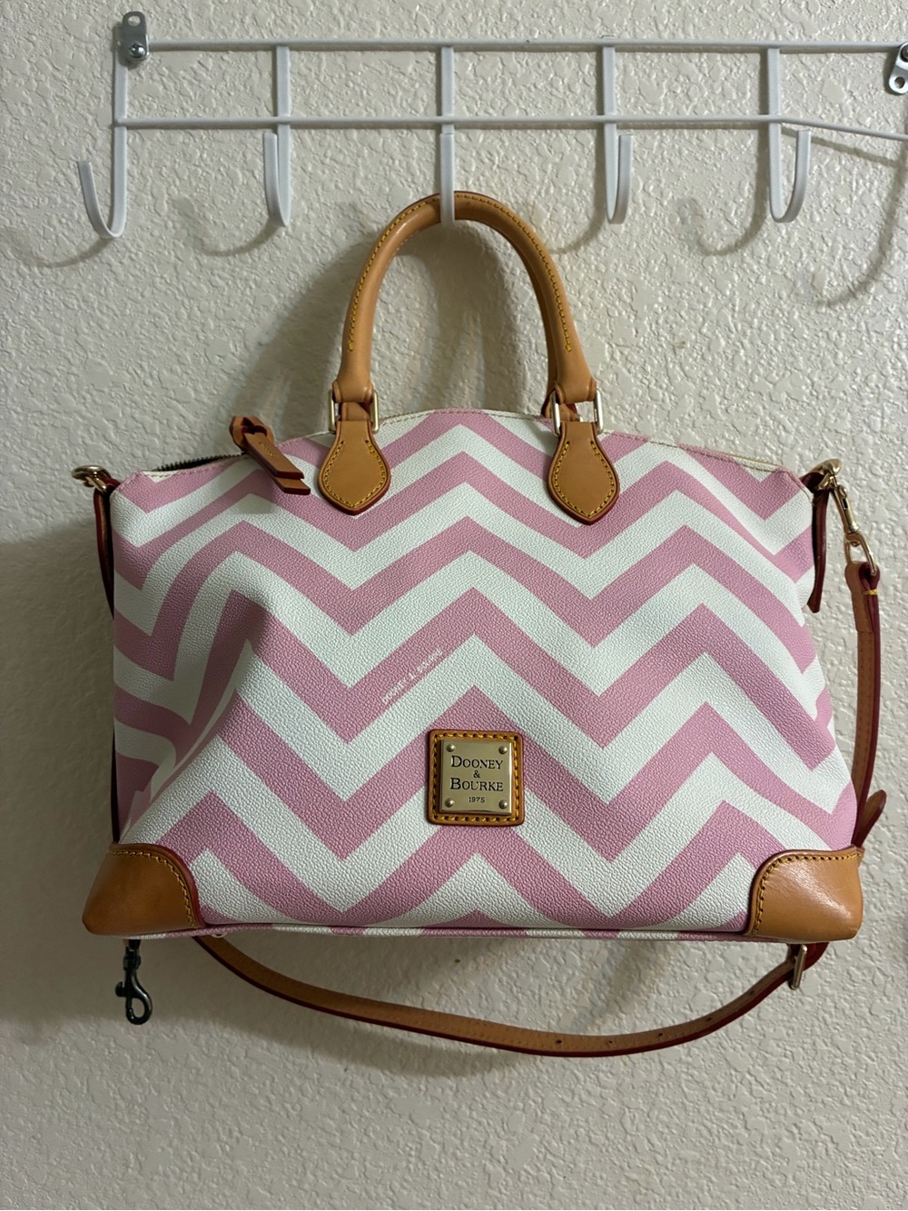 Dooney & Bourke Pink and White Chevron Satchel with Tan Trim - Picture 4 of 5